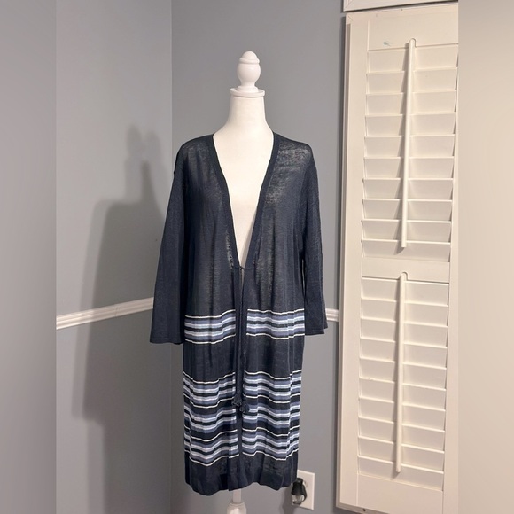 J. Jill Linen Blend Stripes Cardigan Sweater Topper Size XL Petite‎ Navy & Blue - Picture 1 of 8